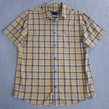 Prana Shirt Men L Yellow Blue Plaid Button Up Bryner Short Sleeve Organic Cotton