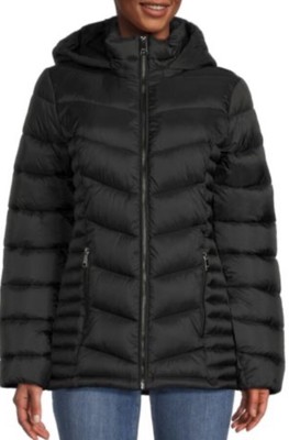 DKNY Hooded Zip Puffer Jacket Black Water Resistant Packable Women's Medium NWT