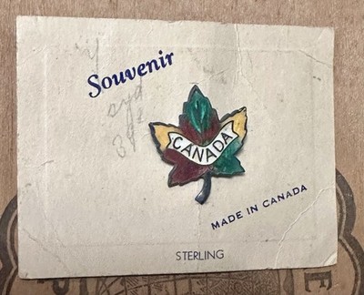 Tiny Canada Maple Leaf Vintage Sterling Silver Enamel Lapel Pin NOC 30s Souvenir