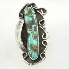 Native American Silver Ring Turquoise Leaf, Large Sterling Blue Size 6 3/4