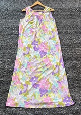 VTG LORRAINE Long Pastel Floral Chemise Nightgown Purple Trim USA Sz M 60s Mod