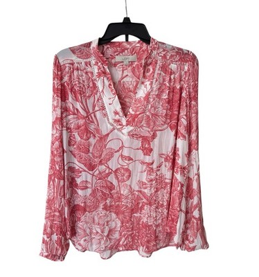 Ann Taylor LOFT Red White Floral Toile Print Blouse Sz M Sheer Chiffon Top