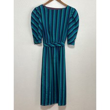 VTG Iconic 80s Chancelle Dress S Green Blue Black Striped Puff Sleeve Coquette