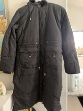 Women  s Black Long Hooded Puffer Coat Faux Fur Trim Insulated Full Zip L