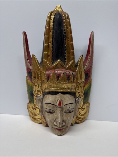 Masque indonésien bois sculpté Dewi Sinta dieu Rama Bali coloré ancien 13" - Photo 6/22