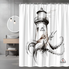 Octopus Lighthouse Shower Curtain Black White Graphic