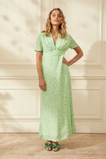 Yolke White Green Ditsy Floral Print Maxi Tea Dress 8 Viscose