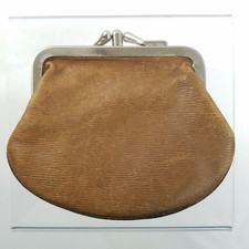 Vintage Womens Brown Leather 2 Section Coin Purse Kiss Lock Owner Calling Card
