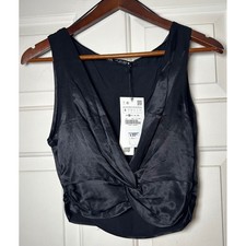 Zara Womens Black Satin V-Neck Twisted Front Crop Top Small NWT