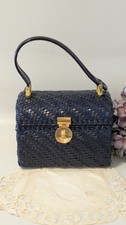 1960s Navy Blue Vinyl Coated Woven Box Purse Handle Structured Gold Hardware EUC