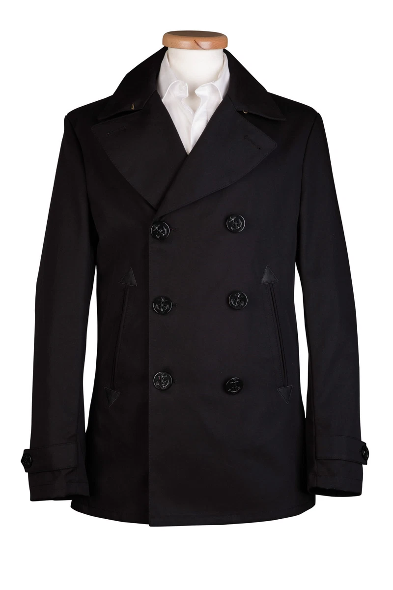 MENS NEW BLACK MILITARY REEFER COTTON PEA COAT JACKET DOUBLE BREASTED FUNERAL