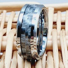 8mm Men's Silver Tungsten Carbide Ring   Sleek Carbon Fiber Inlay Wedding Band