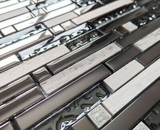 Luxury Grey Stone Chrome Silver Metal & Glass Rectangle Mosaic Wall Tiles 8mm