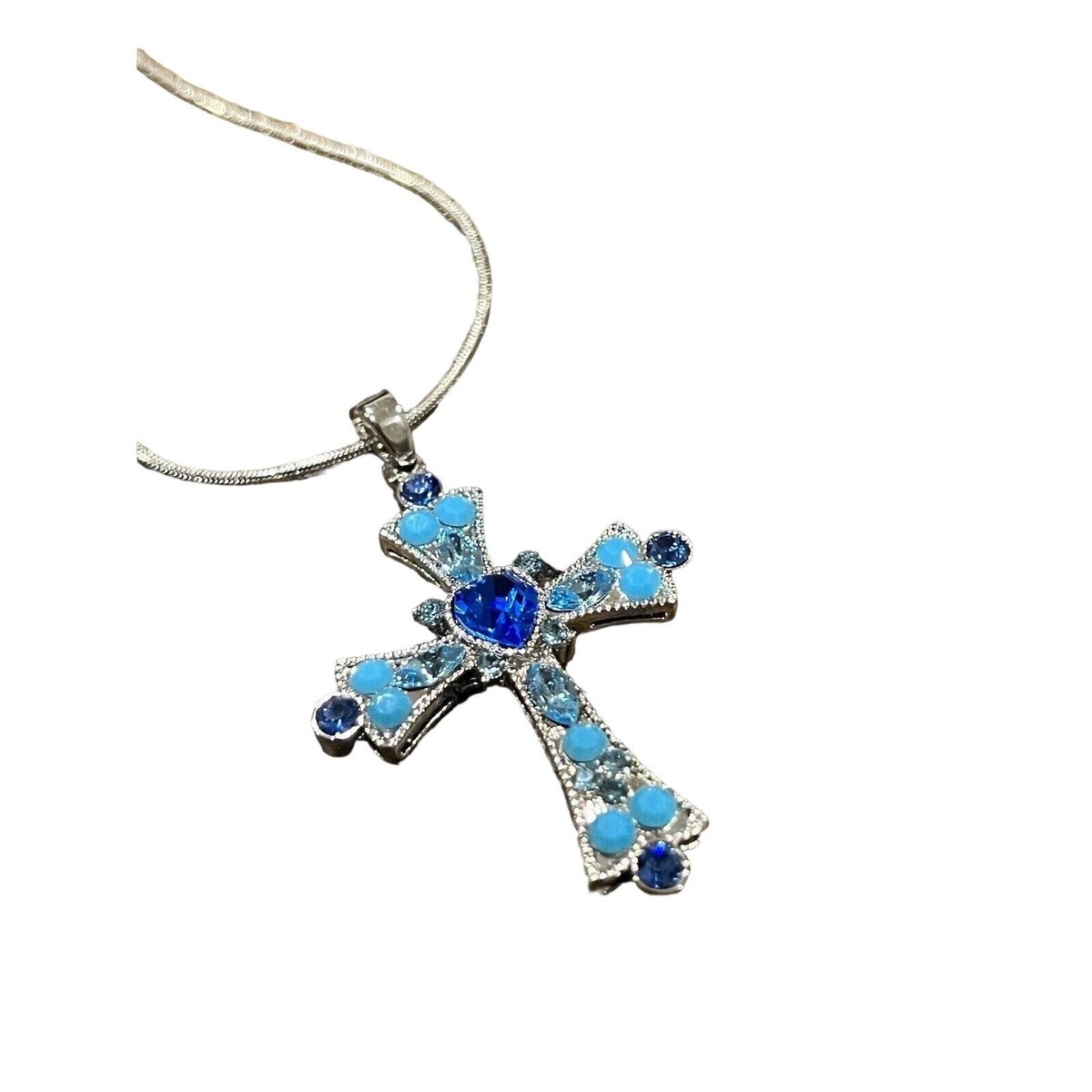 Cross Pendant Necklace with Blue Stones Jewelry 16” Adjustable 