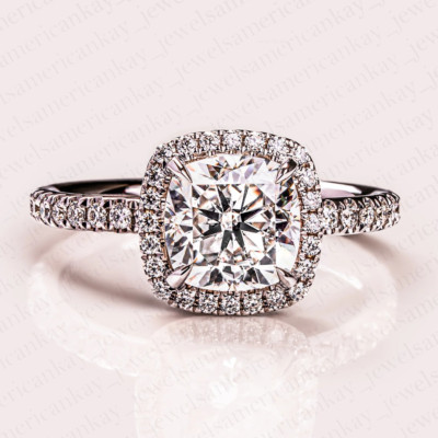 2.35Ctw Cushion Moissanite Halo Proposal Engagement Ring 14K White Gold Plated