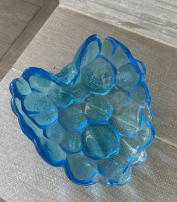 Vintage Glass Dish Bright Aqua Blue  Cluster Of Grapes Dish 7  MCM