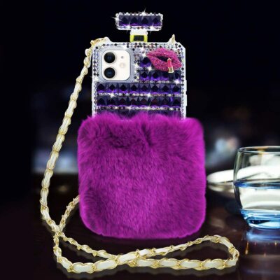 Bling Plush Perfume Bottle Diamonds Case With Crossbody Strap for iPhone Samsung