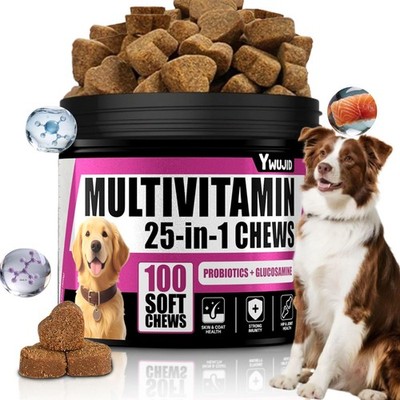 YWUJID 25-in-1 Dog Multivitamin Chewable with Soft Chews, Brown