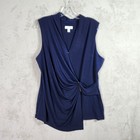Susan Graver Top Womens XL Navy Lace Liquid Knit Draped Faux Wrap Gold A692155
