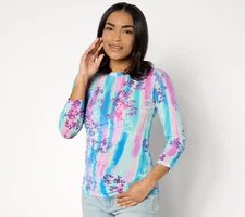 LOGO by Lori Goldstein Women's Top Plus Sz 2X Printed Mesh Crew Blue A648231