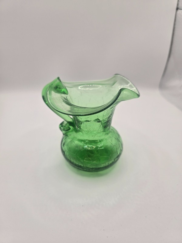 Vtg Hand Blown Round Green Crackle Glass Creamer 3 inches