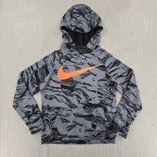 Nike Hoodie Sweatshirt Youth Boys Large Gray Black Camo Swoosh Graphic Dri-Fit