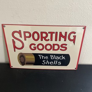 VINTAGE SPORTING GOODS BLACK SHELLS GASOLINE MOTOR OIL PORCELAIN SIGN