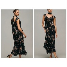 Reformation Black Floral Ruffle V-Neck Maxi Dress Size 6 NWT