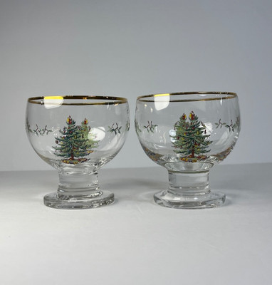 Set of 2 ~ SPODE Christmas Tree Glassware Ice Cream 4'' Pudding Bowl Green & Gold