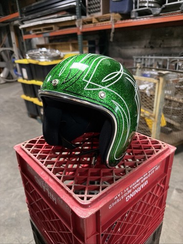 Biltwell Helmet Green Metal Flake Retro Custom Pin Striping “Envious” Novelty