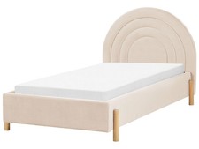 Bett Samt beige mit Lattenrost 90 x 200 cm rundes Kopfteil Retro Anet