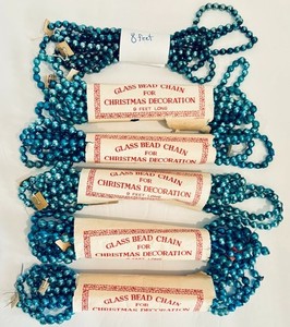 6 Vintage Japan Blue Mercury Glass Beaded Garland Christmas Orig Wrapper 53 feet
