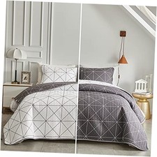 3 Pieces Reversible Quilt Set Plaid White  Gray Queen 88x88 Black white Line