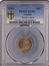 1913 Canada 10 c Broad Leaves MS  | AU55 PCGS | Silver Dime