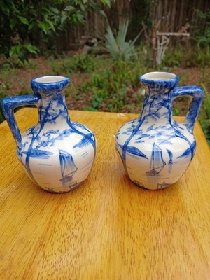 EARLY DECORATED POTTERY SMALL HAND MADE JUG/CRUETS BYBEE, KENTUCKY BLUE& WHITE 