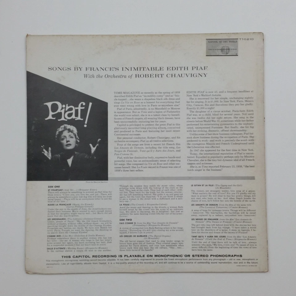 EDITH PIAF Piaf! T10210 Mono LP Vinyl VG+near++ Cover VG+ Co Sleeve Scranton Foto 2 de 4