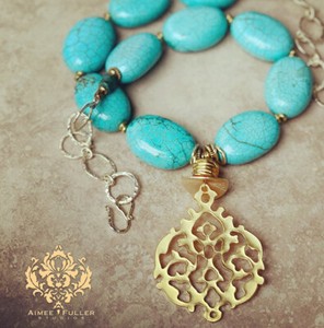 Authentic Long Turquoise Howlite Necklace Aqua Blue 22k Matte Gold Plated Baroque Pendant
