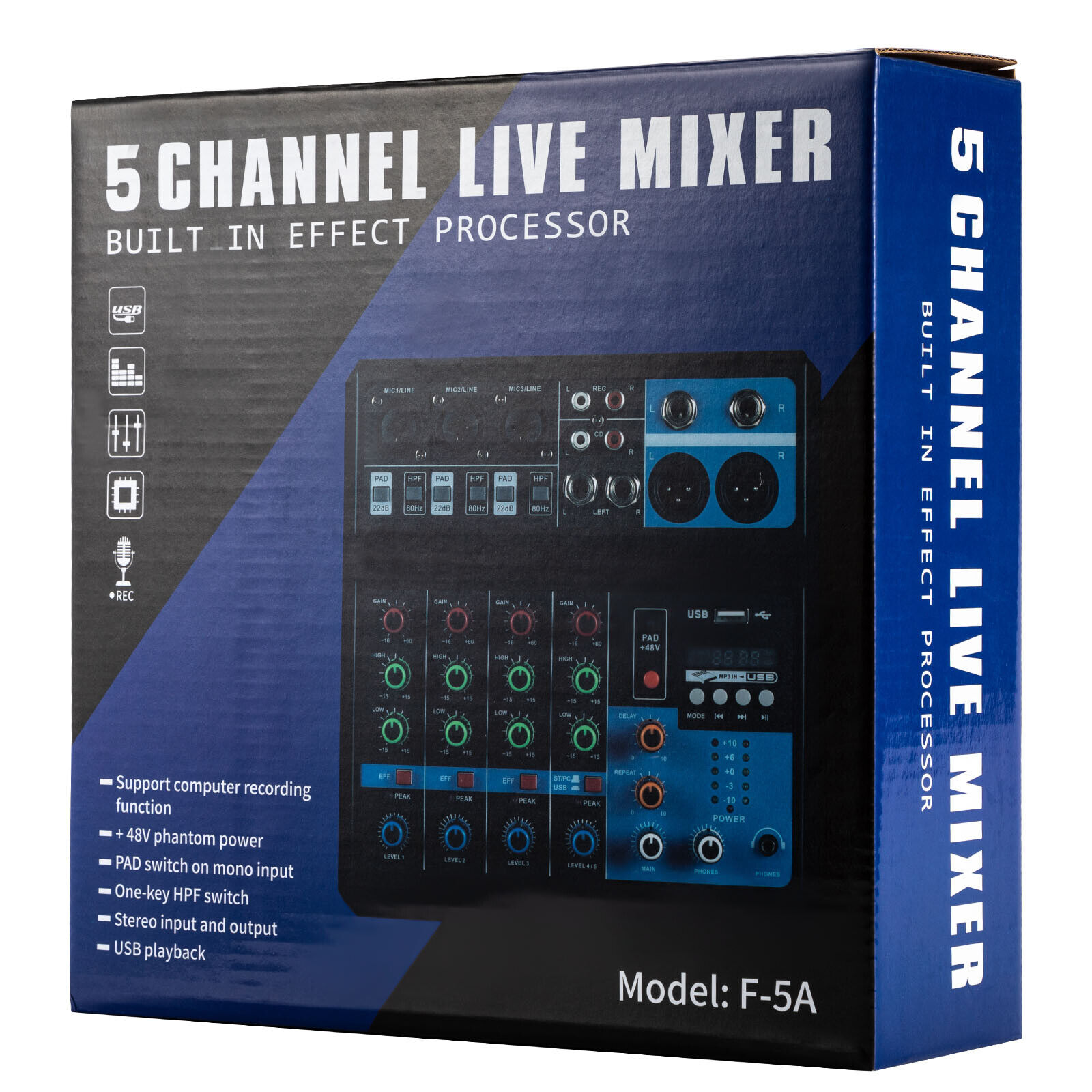 5-Kanal USB Schnittstelle Mischpult Live Studio Audio DJ Mixer Soundboard 