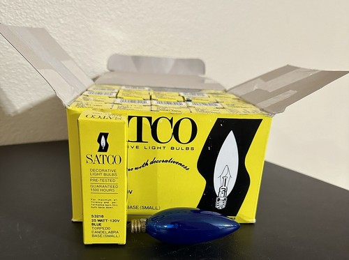 24 SATCO 25 WATT, Flame Tip, Blue Torpedo Candelabra Base Bulb, DIMMABLE, NEW - Picture 5 of 5