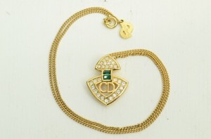 Authentic Authentic Christian Dior Necklace Gold Plated Rhinestone Emerald Triangle Charm