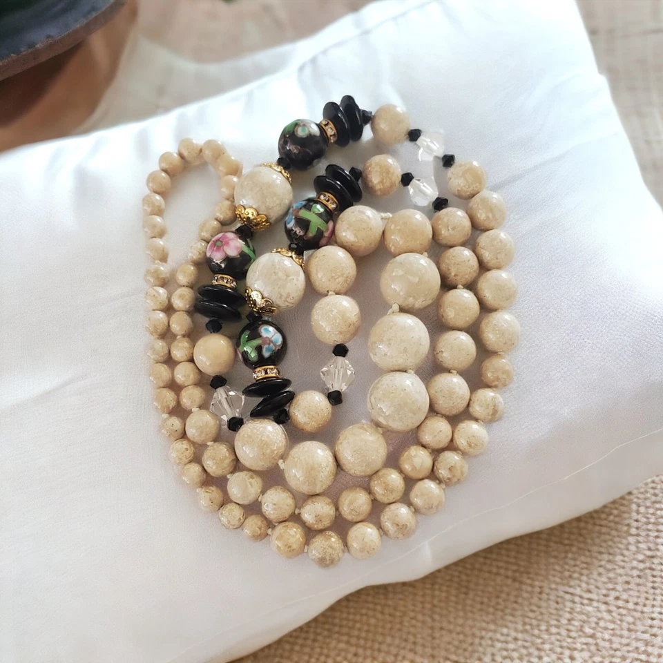 Vintage Jasper Beaded Necklace 1970s Chinese Cloisonne Onyx and Crystal  32in - Imagem 2 de 4