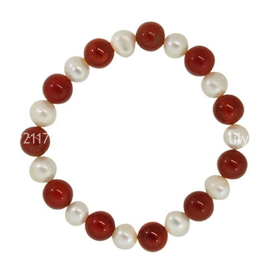 Juego de pendientes collar gemas jade rojo perlas blancas naturales de agua dulce de 7-8 mm Foto 2 de 3