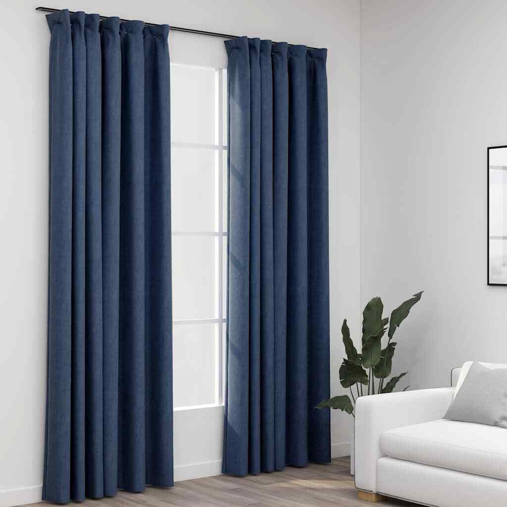 vidaXL Linen-Look Blackout Curtains with Hooks 2 pcs Blue 140x245 cm