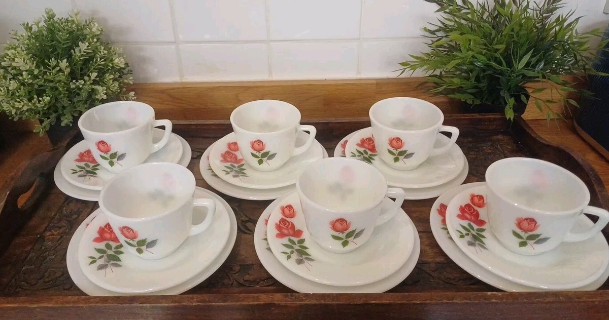 Vintage JAJ Pyrex June Rose White Glass 18 Piece Boxed Tea