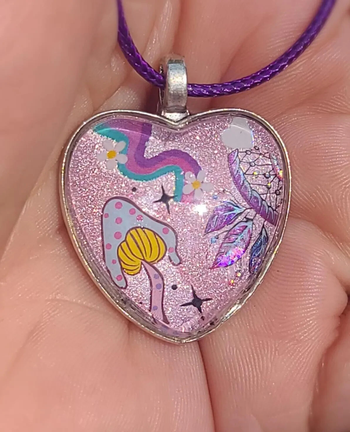 MUSHROOM Rainbow DREAM CATCHER Pendant Jewelry Necklace Whimsical Fantasy Scene