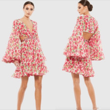 Mac Duggal 9158 Floral Chiffon Bell Sleeve Ruffle Mini Cocktail Dress Size 2