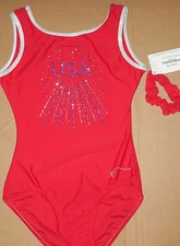 Destira Gymnastic Ruby Tank Silver Foil Trim Leotard XS Adult # 4421