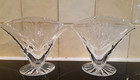 TWO PRETTY VINTAGE CLEAR CUT GLASS FAN SHAPED DESIGN POSY VASES