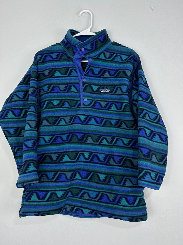 VTG Patagonia Kids Aztec Waves Fleece 1/4 Snap T Pullover Size 12 Made USA READ - Image 3 of 4