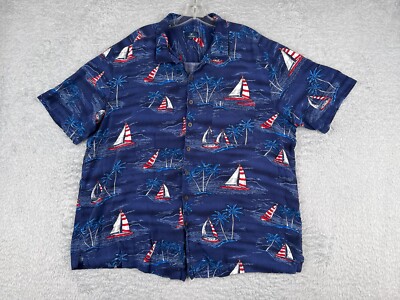 George Shirt Men 2XL XXL Blue Palm Tree Sailboat 100% Rayon Hawaiian Button Up